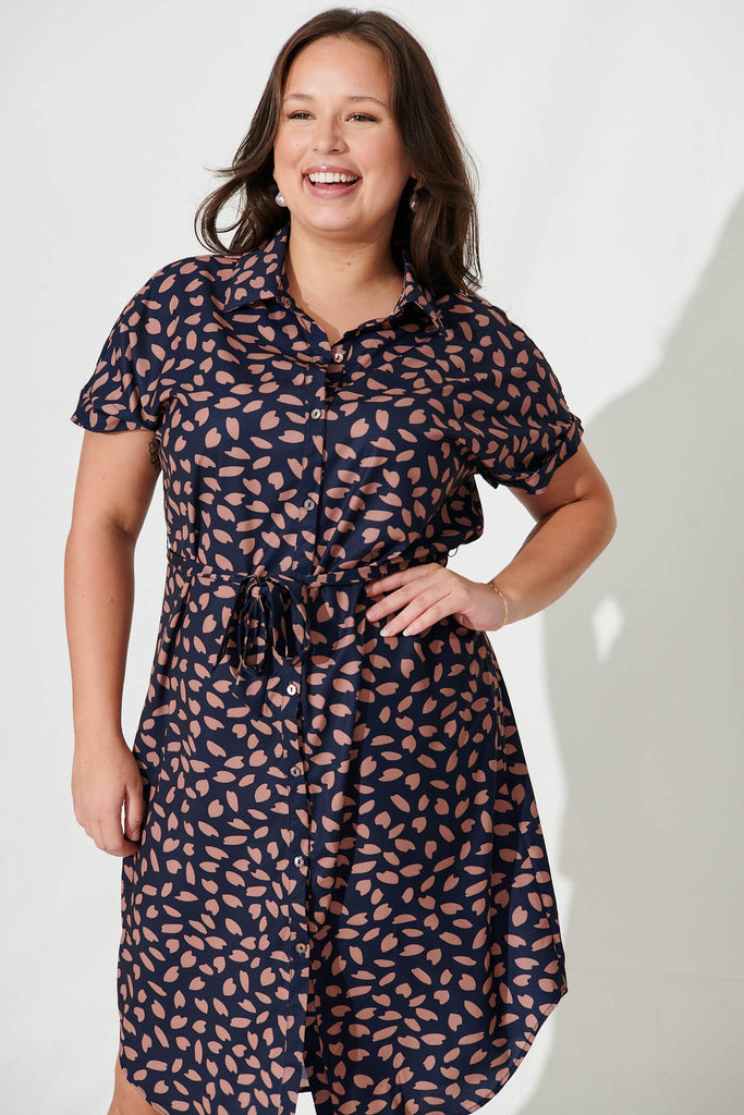 Maddison Shirt Dress in Navy with Rust Leaf - front