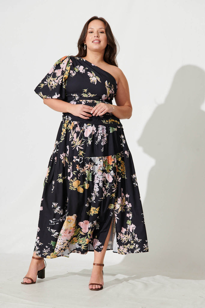 Berlyn One Shoulder Maxi Dress Black With Pink Floral - full length