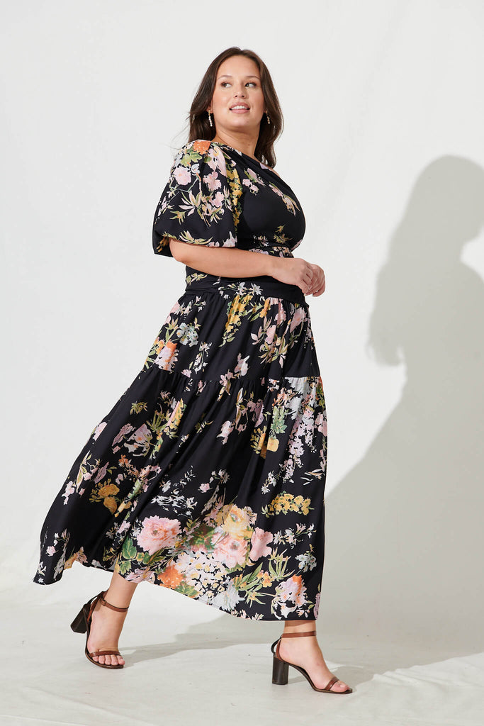 Berlyn One Shoulder Maxi Dress Black With Pink Floral - right side