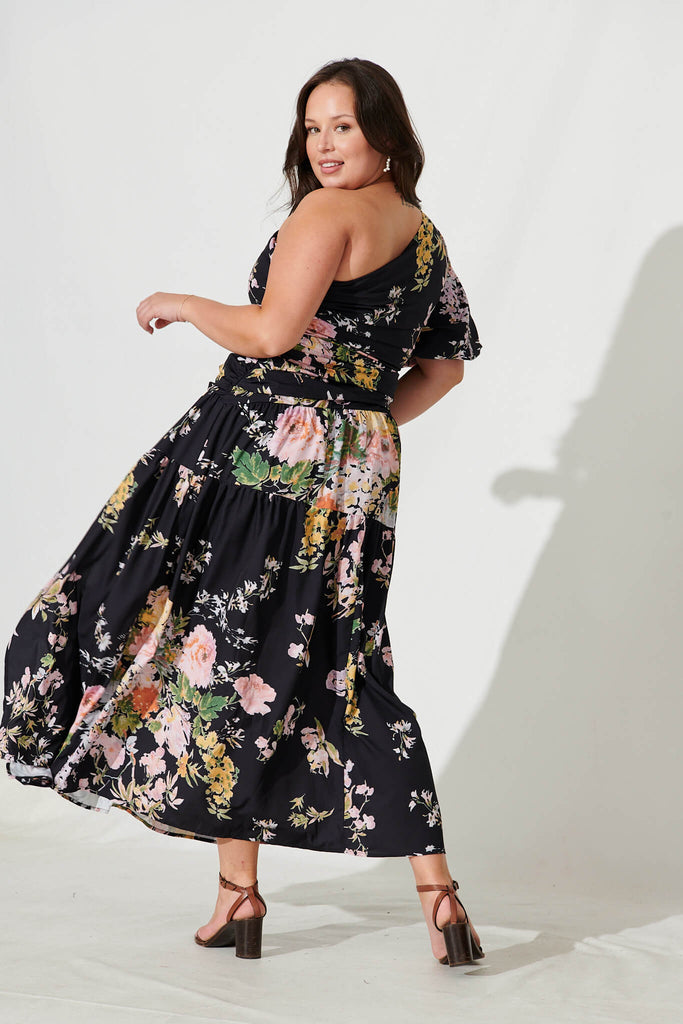 Berlyn One Shoulder Maxi Dress Black With Pink Floral - back