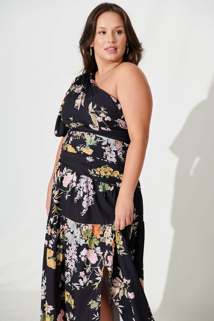Berlyn One Shoulder Maxi Dress Black With Pink Floral - front