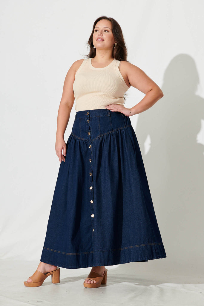 Judith Maxi Denim Skirt In Dark Blue - full length