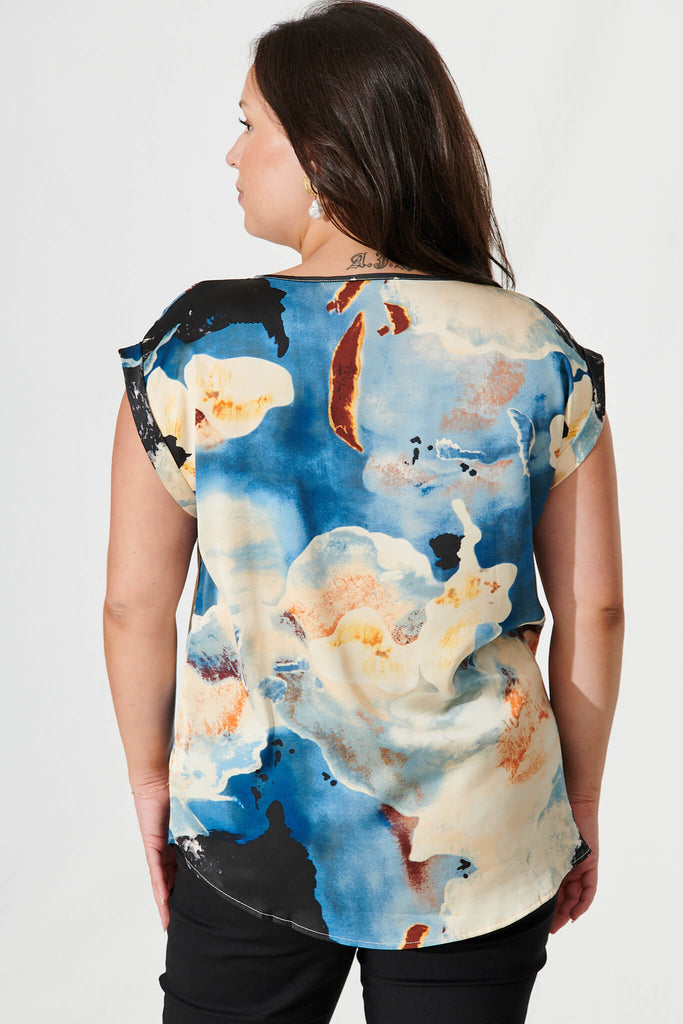 Rejina Top In Blue And Cream Watercolour Satin - back