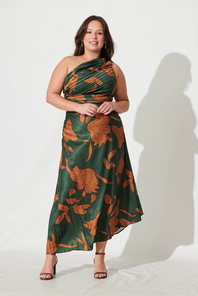 Toulon One Shoulder Maxi Dress In Khaki With Rust Leaf Print Pleated Satin - full length