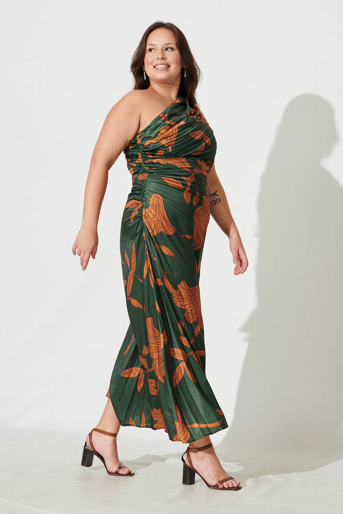 Toulon One Shoulder Maxi Dress In Khaki With Rust Leaf Print Pleated Satin - right side