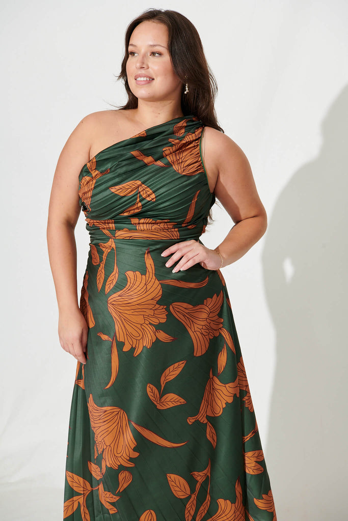 Toulon One Shoulder Maxi Dress In Khaki With Rust Leaf Print Pleated Satin - front