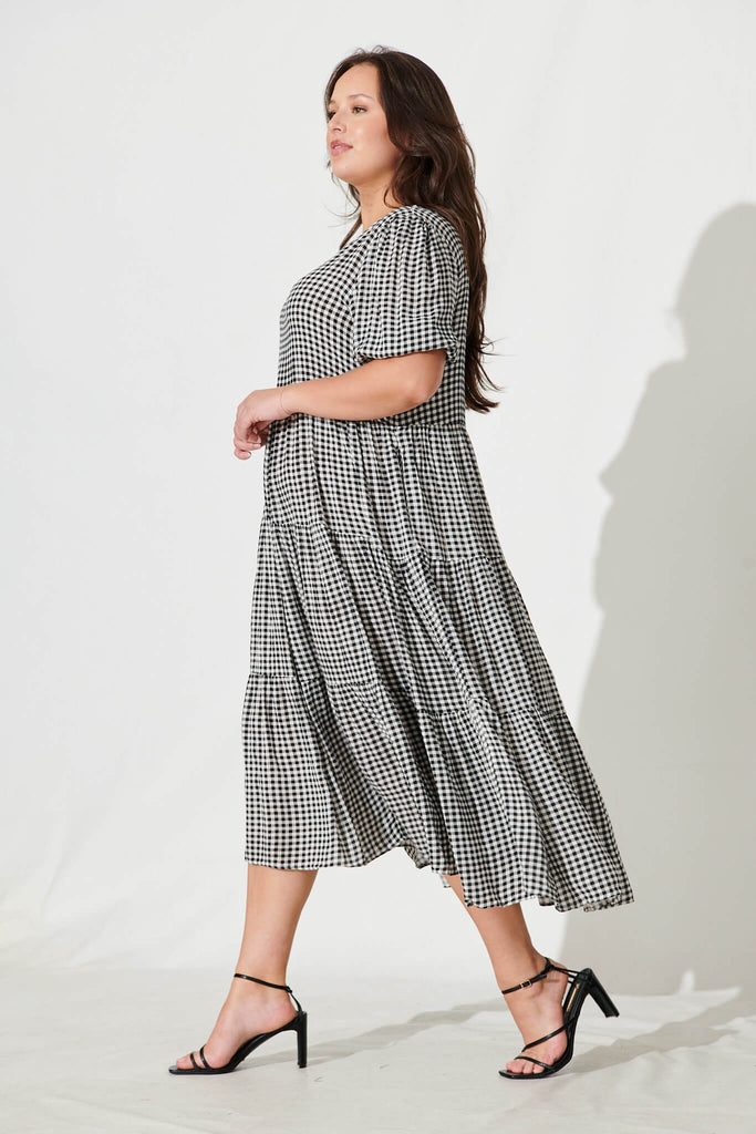 Nevi Tiered Midi Dress In Black And White Gingham - side