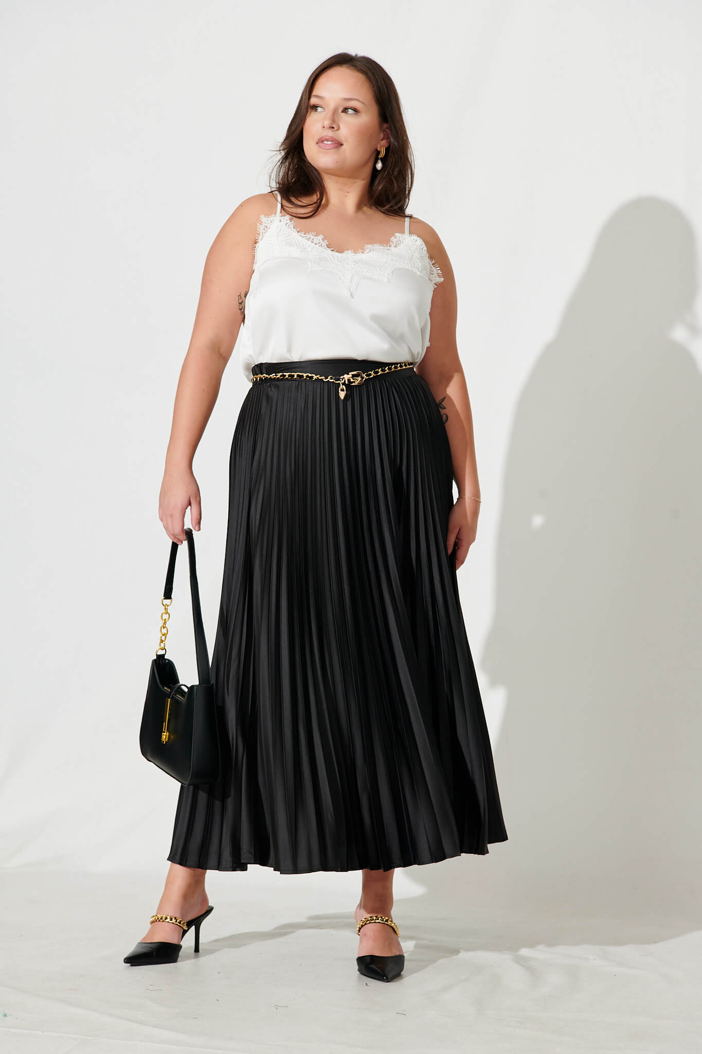 Black satin pleated skirt sales