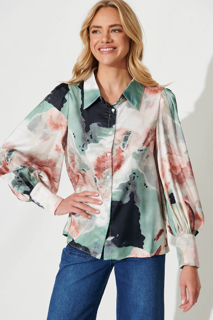 Afternoon Shirt In Sage With Rust Watercolour Satin - front