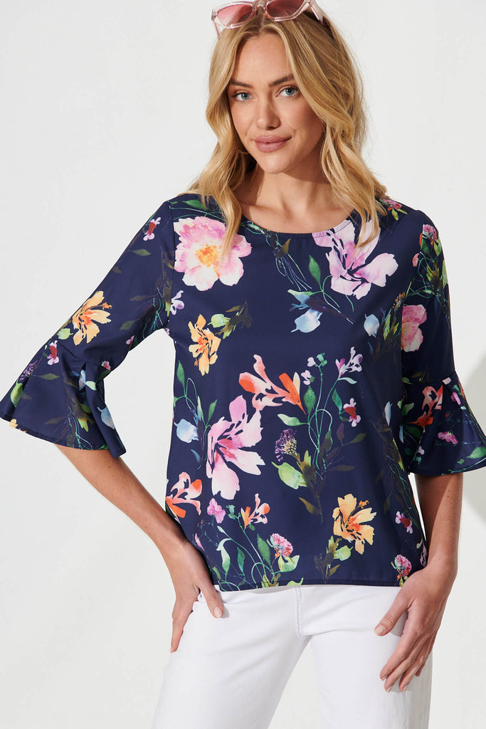 Tai Top In Navy With Multi Floral Print - front