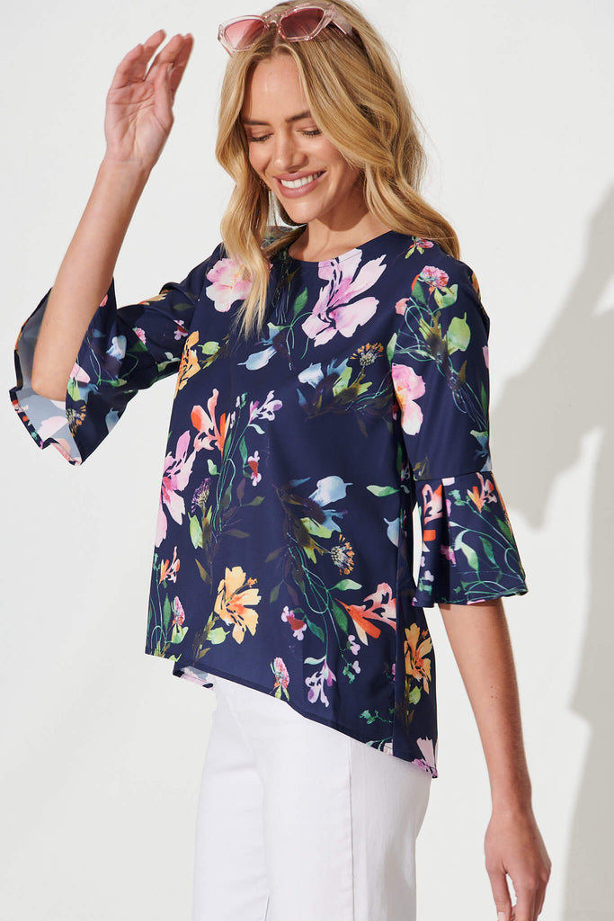 Tai Top In Navy With Multi Floral Print - side