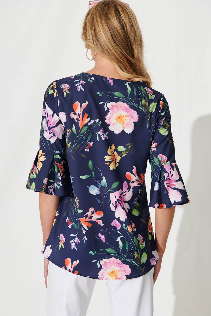 Tai Top In Navy With Multi Floral Print - back