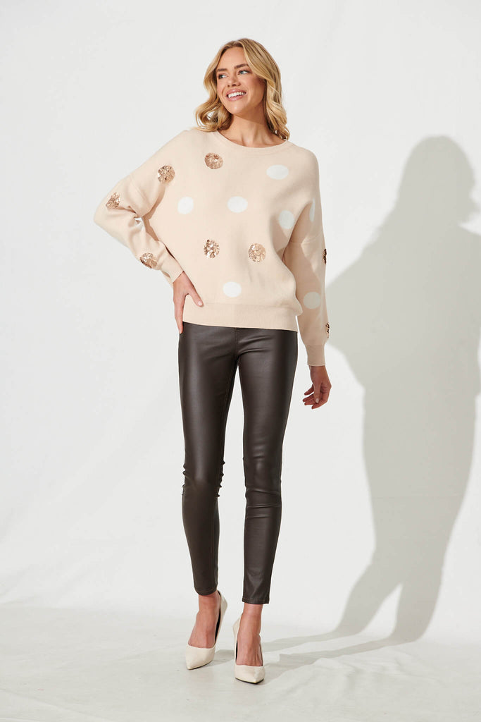 Almeria Knit In Beige With Sequin Spot Wool Blend - full length