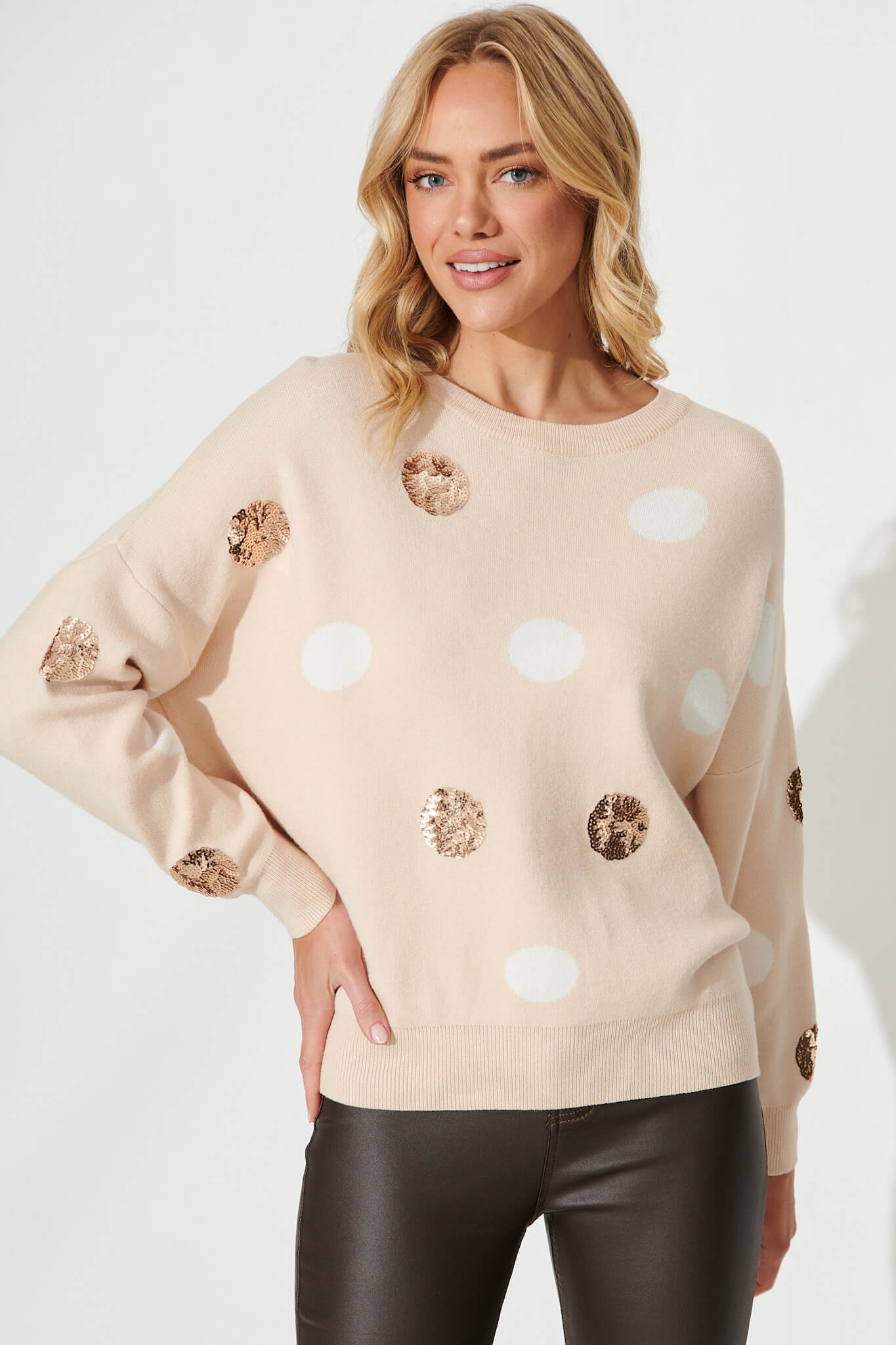 Almeria Knit In Beige With Sequin Spot Wool Blend - front