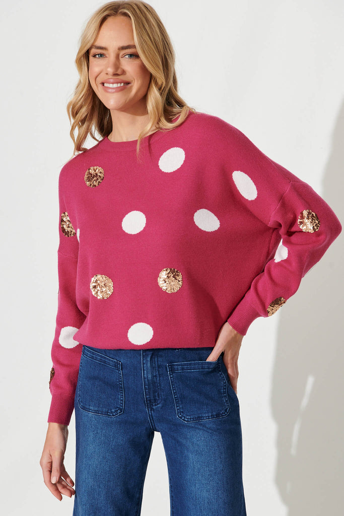 Almeria Knit In Magenta With Sequin Spot Wool Blend - front