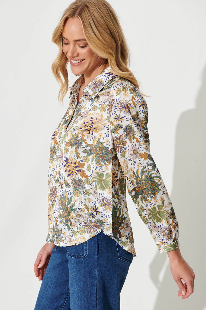 Zurich Top In White With Green Multi Floral Satin - side