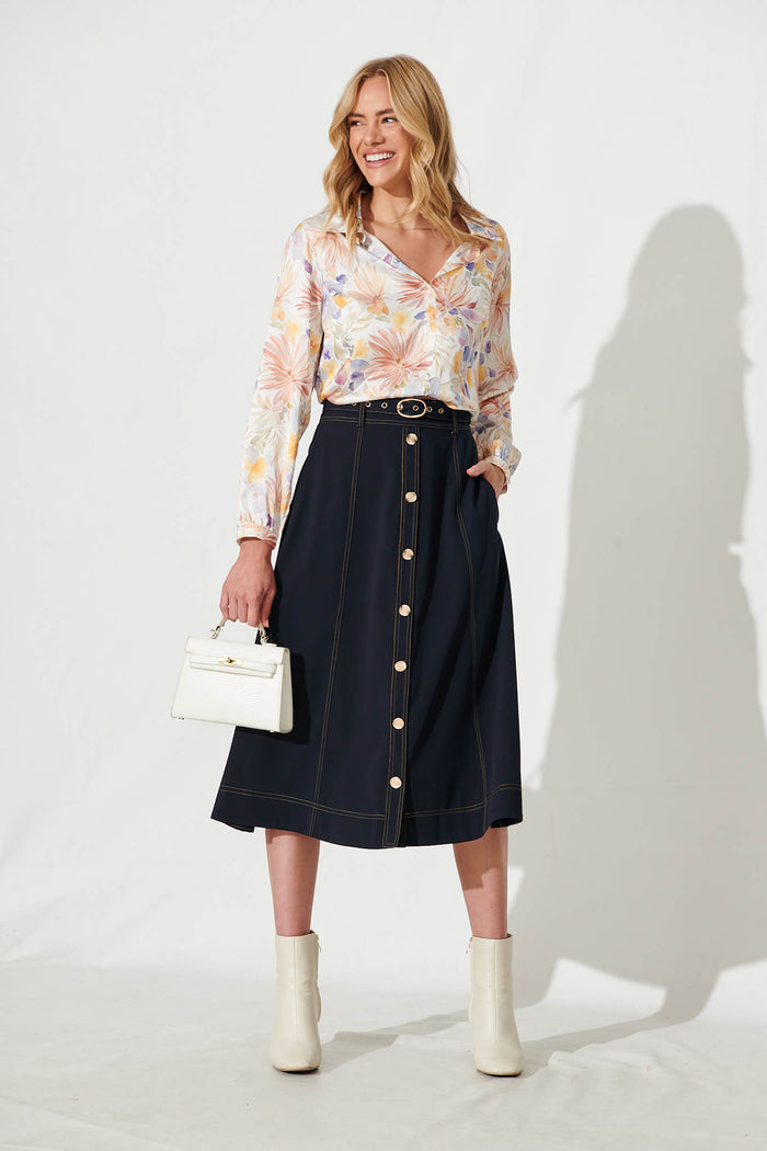 Zurich Top In Ivory With Multi Watercolour Floral Satin - full length