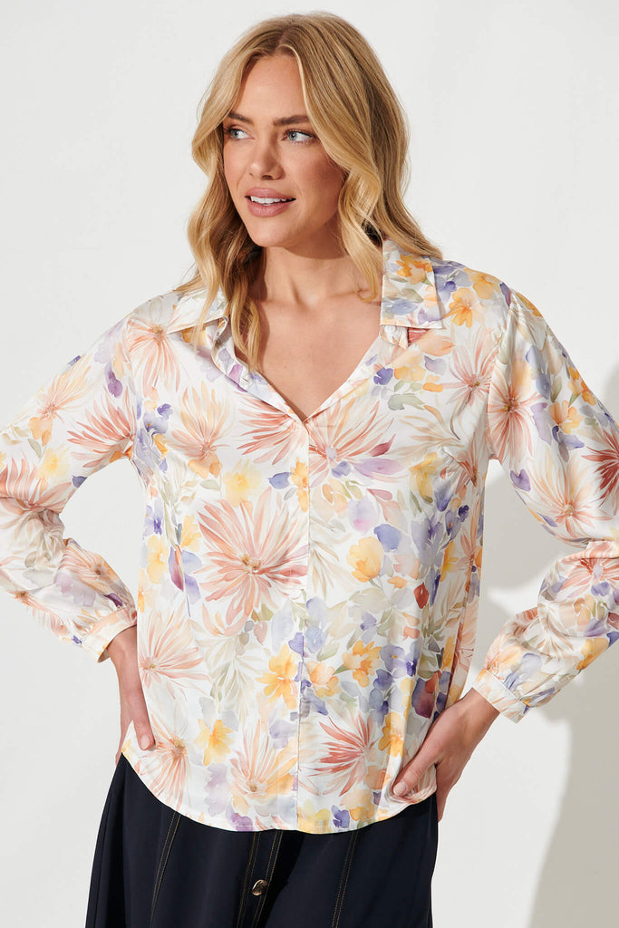 Zurich Top In Ivory With Multi Watercolour Floral Satin - front