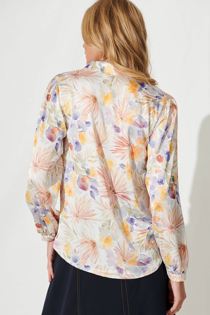 Zurich Top In Ivory With Multi Watercolour Floral Satin - back