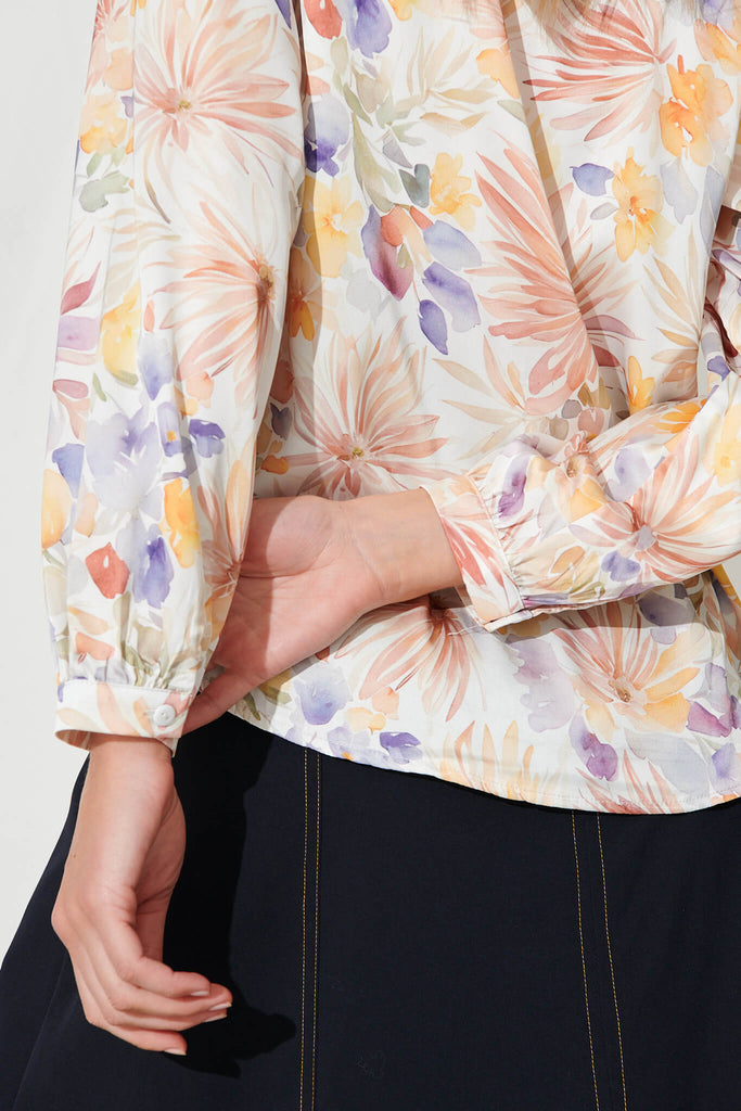 Zurich Top In Ivory With Multi Watercolour Floral Satin - detail