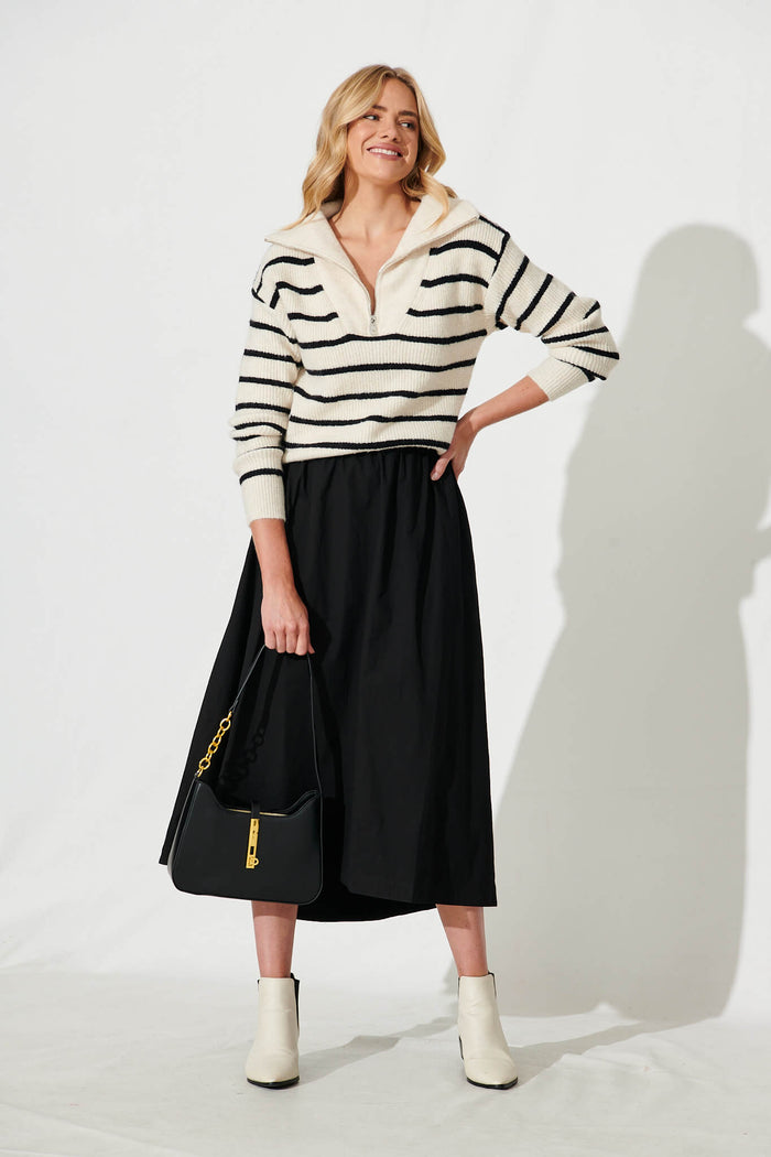 Uma Zip Athleisure Knit In Cream Stripe Wool Blend - full length