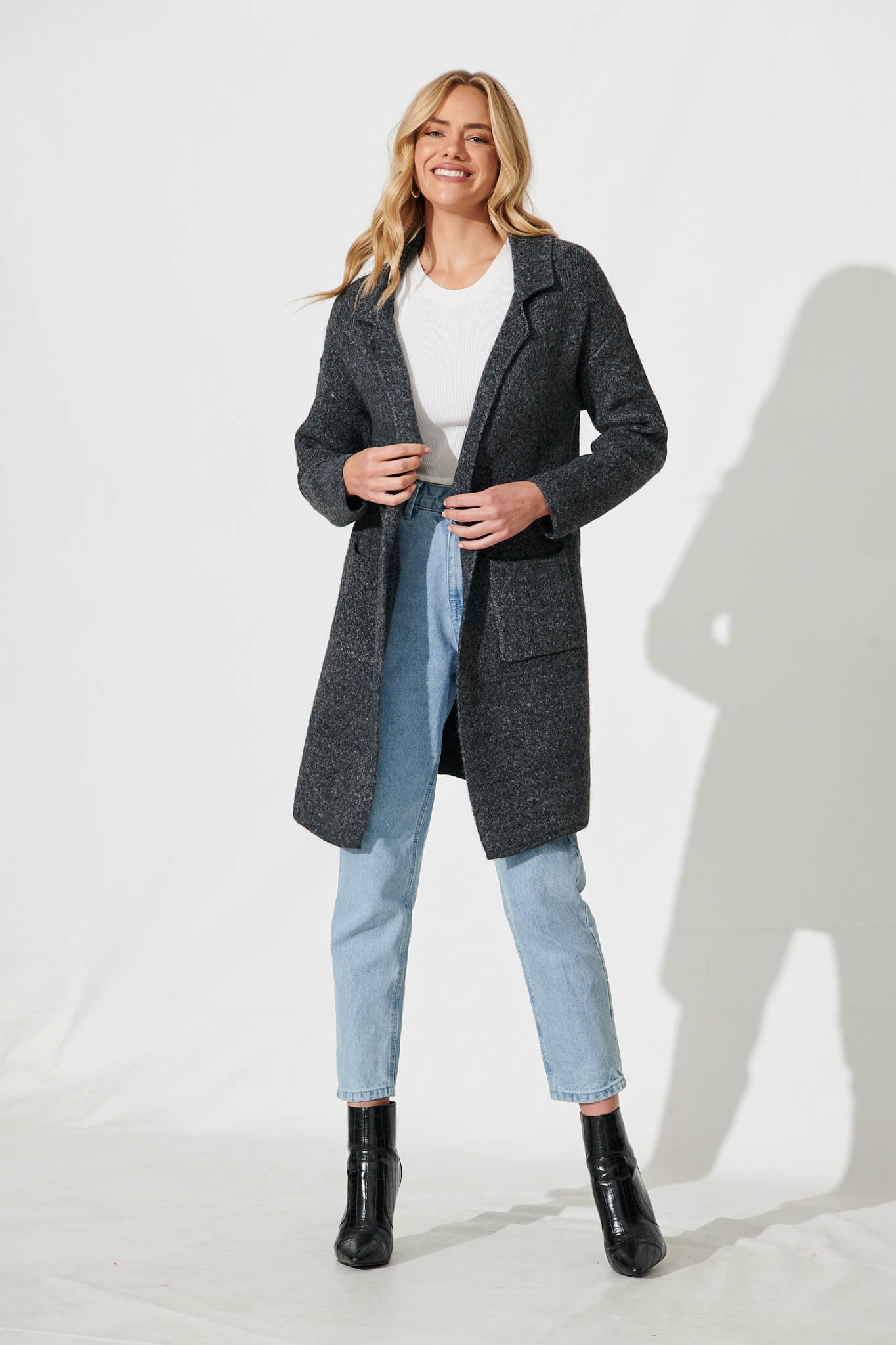 Quinzy Knit Coat In Charcoal Marle Wool Blend St Frock
