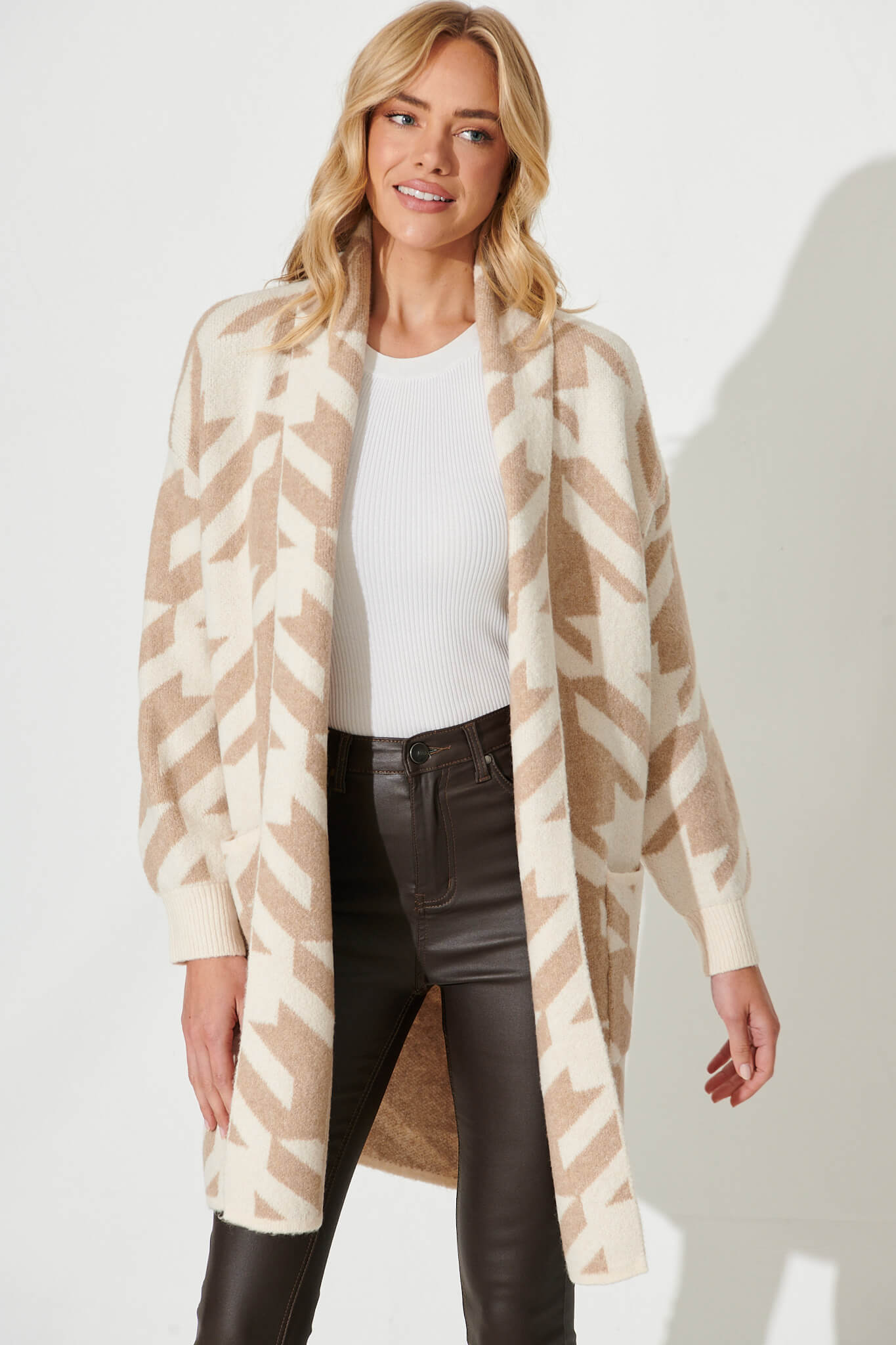 Mercury Knit Cardigan In Cream And Brown Wool Blend - front