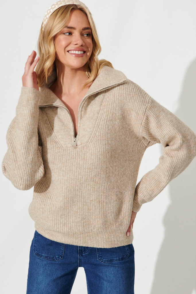 Uma Zip Athleisure Knit In Taupe Wool Blend - front