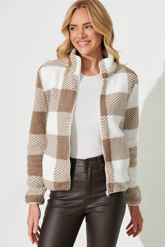 Linea Fluffy Jacket In Mocha With White Check - front