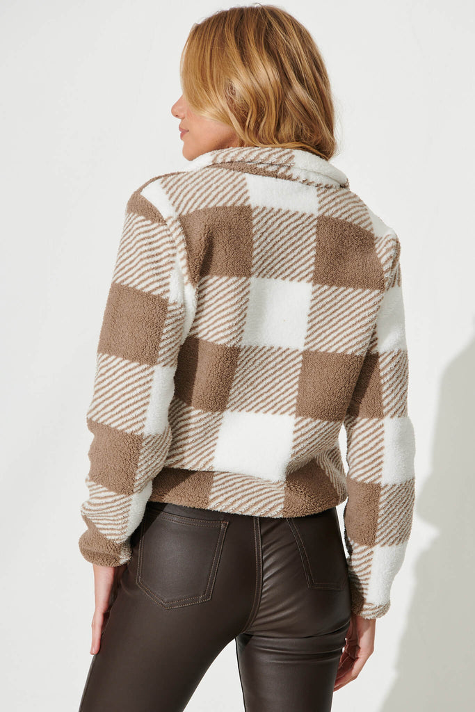 Linea Fluffy Jacket In Mocha With White Check - back