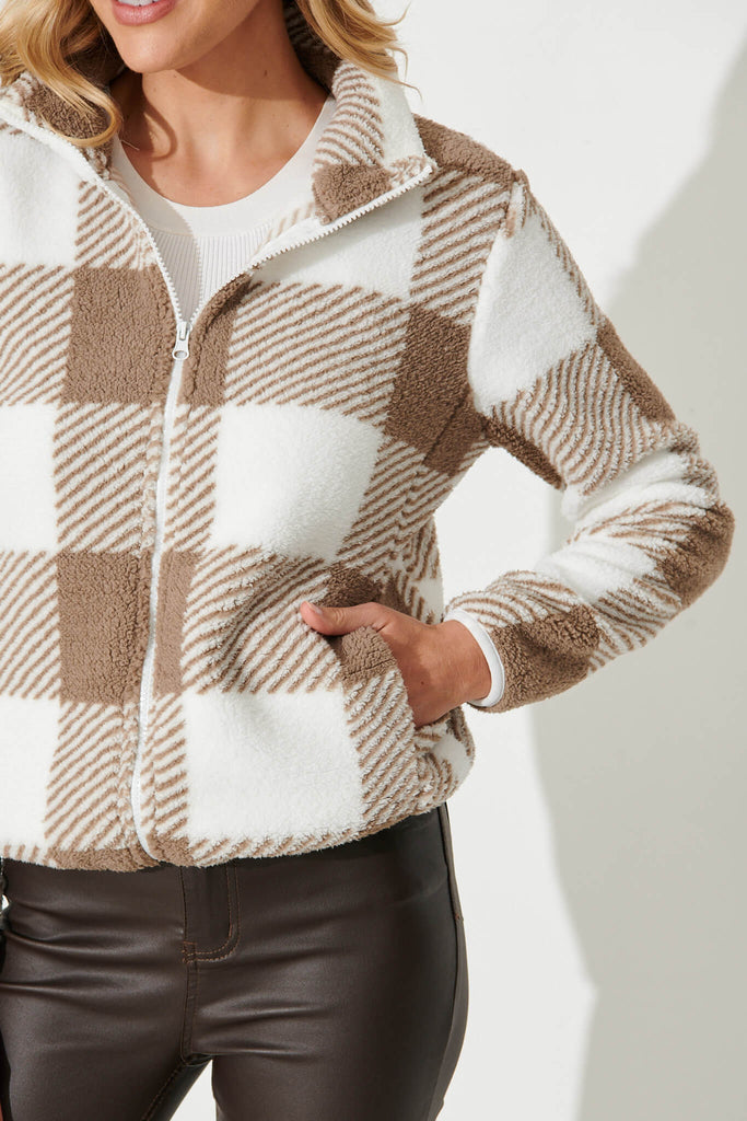 Linea Fluffy Jacket In Mocha With White Check - detail