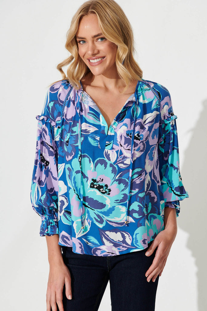 Nebraska Top In In Blue With Lilac Flower Print - front