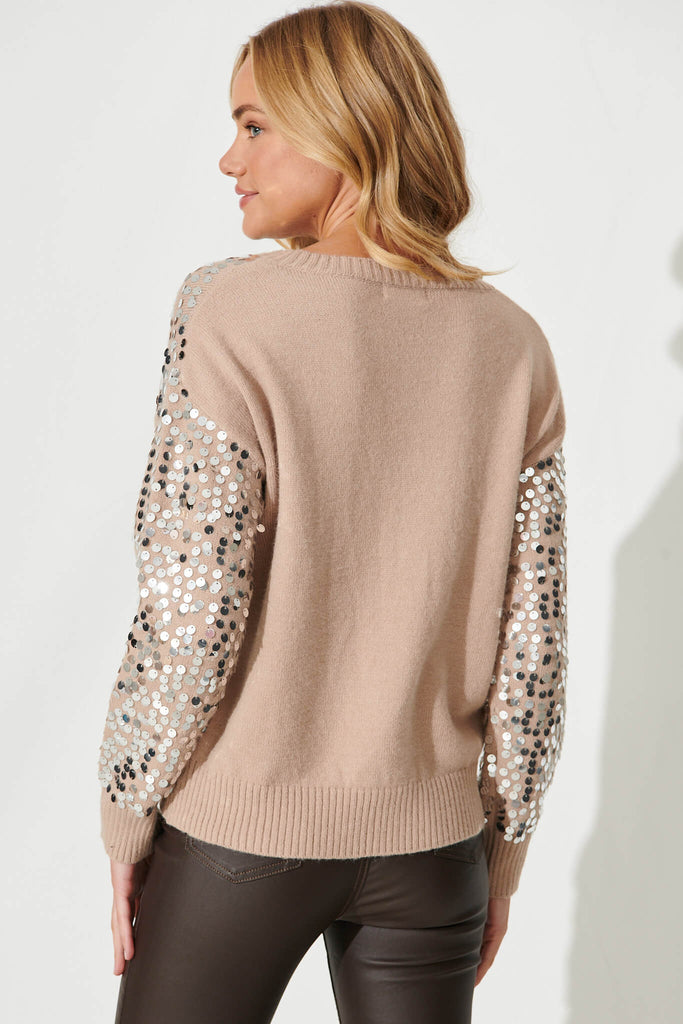 Whistler Knit In Beige With Silver Sequin Wool Blend - back