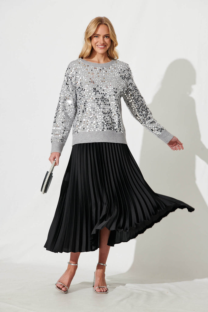Whistler Knit In Grey Marle With Silver Sequin Wool Blend - full length
