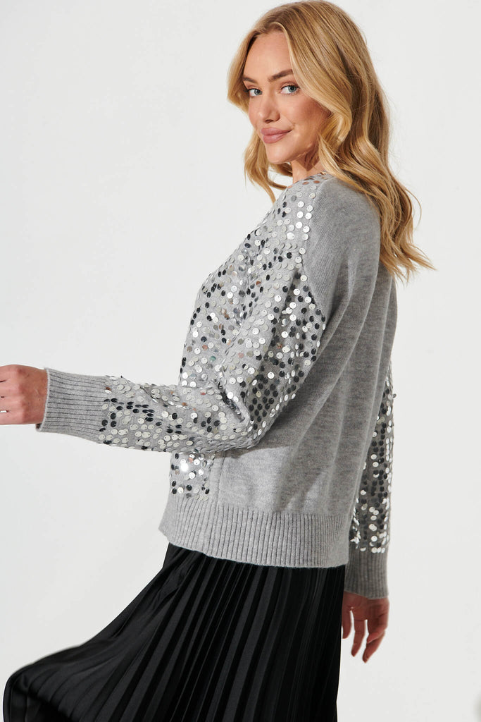 Whistler Knit In Grey Marle With Silver Sequin Wool Blend - side