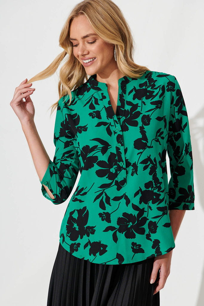Isa Top In Green With Black Floral - front