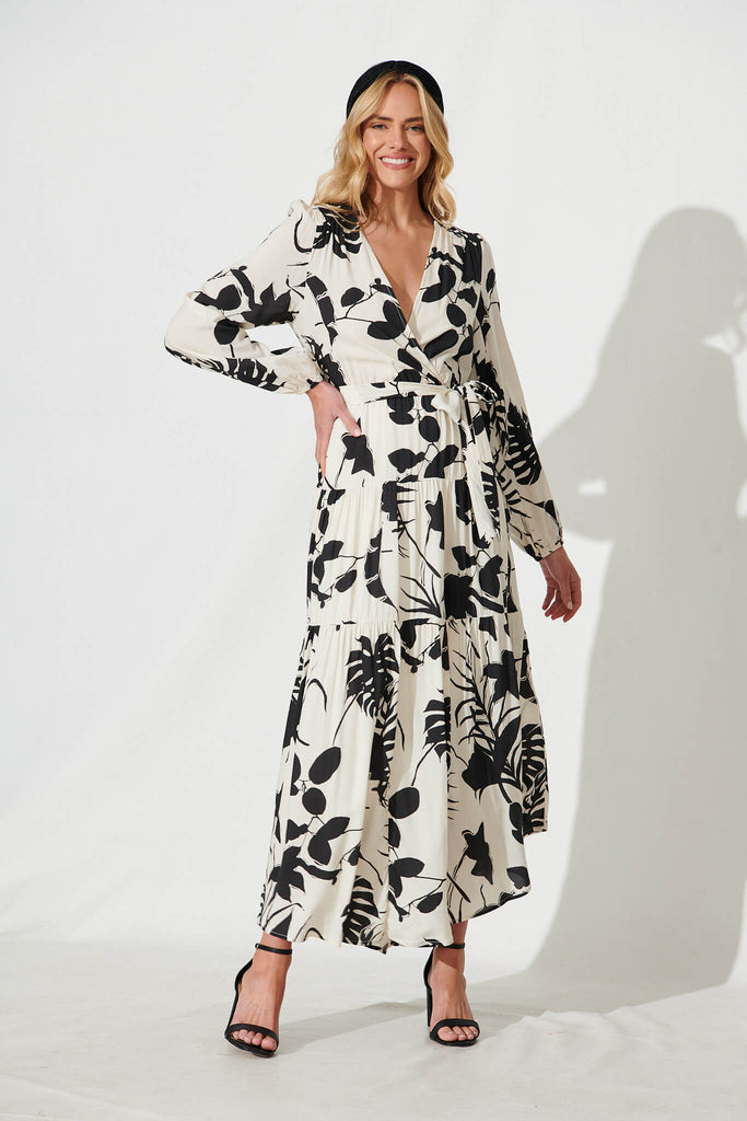 Eclair Maxi Dress In Cream With Black Leaf Print - full length