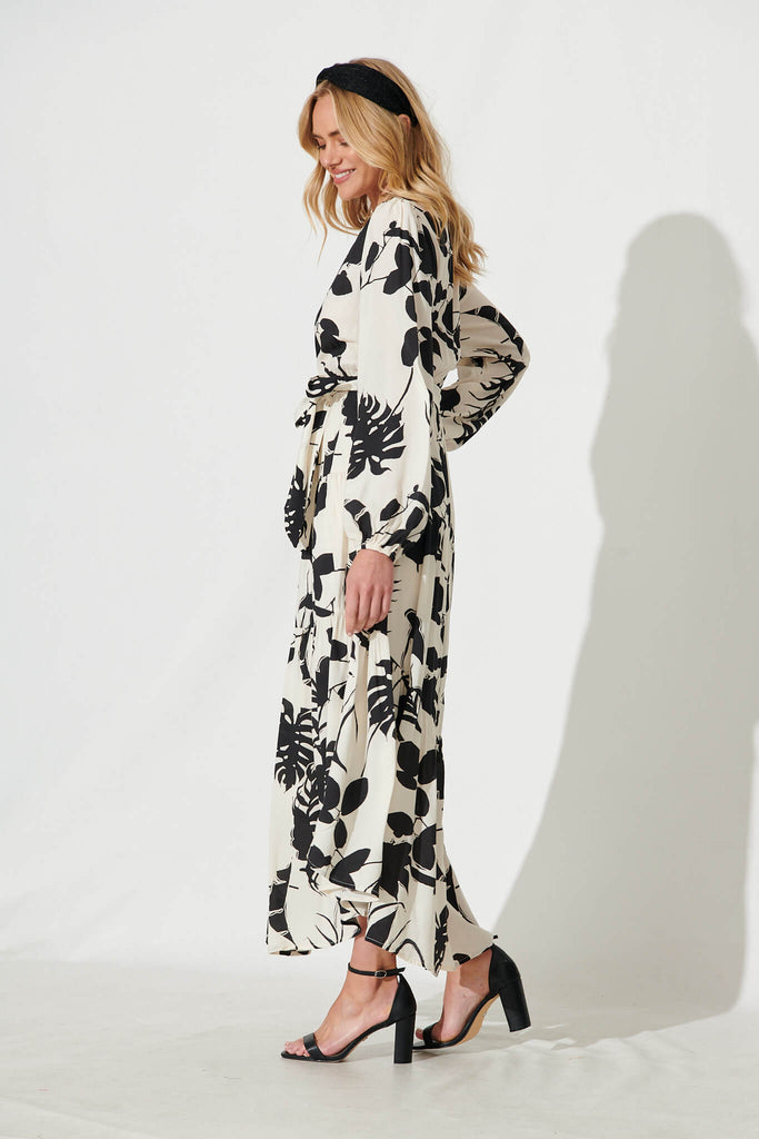 Eclair Maxi Dress In Cream With Black Leaf Print - side