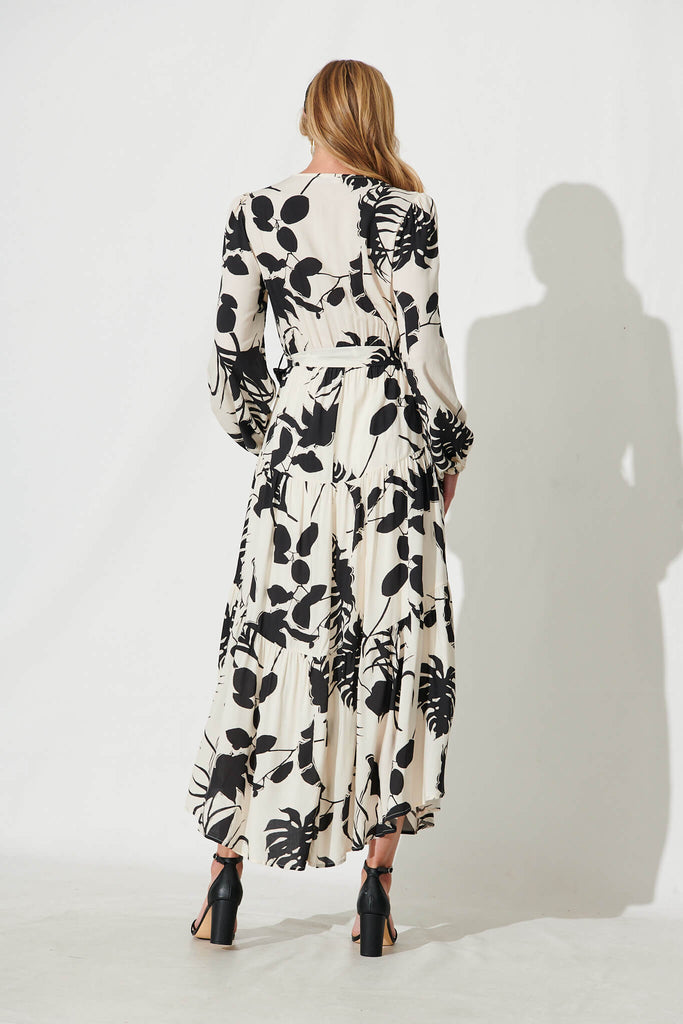 Eclair Maxi Dress In Cream With Black Leaf Print - back