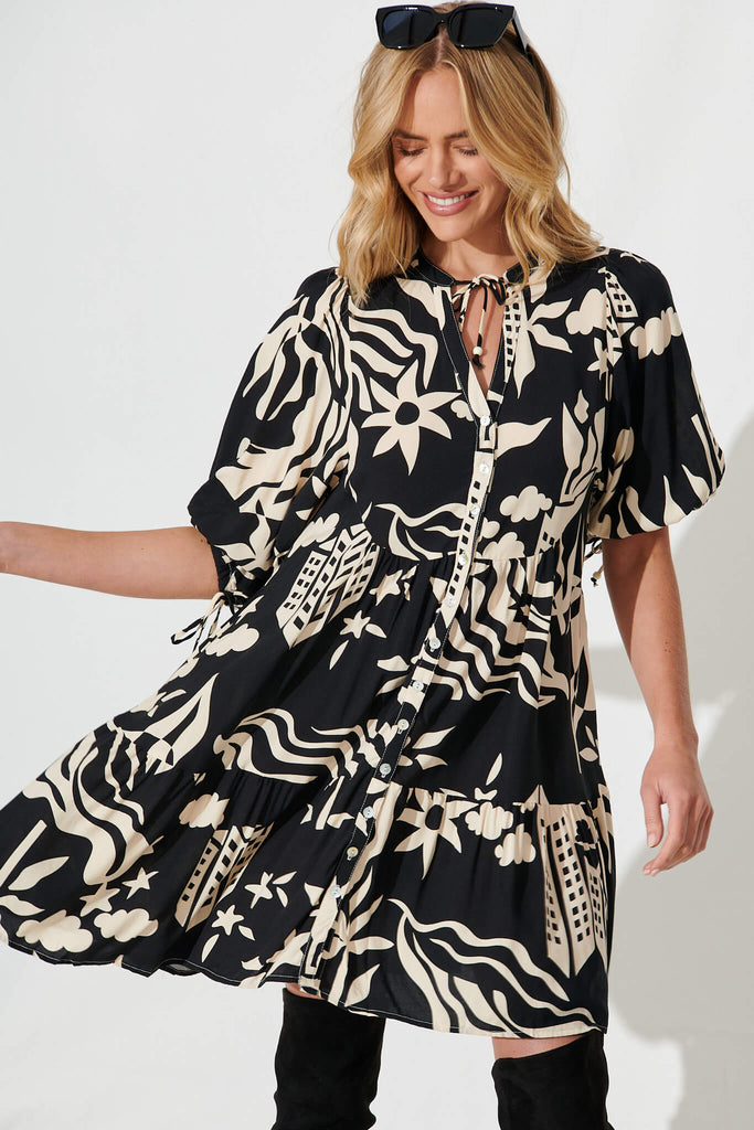 Emelyn Smock Dress In Black And Cream Print - front