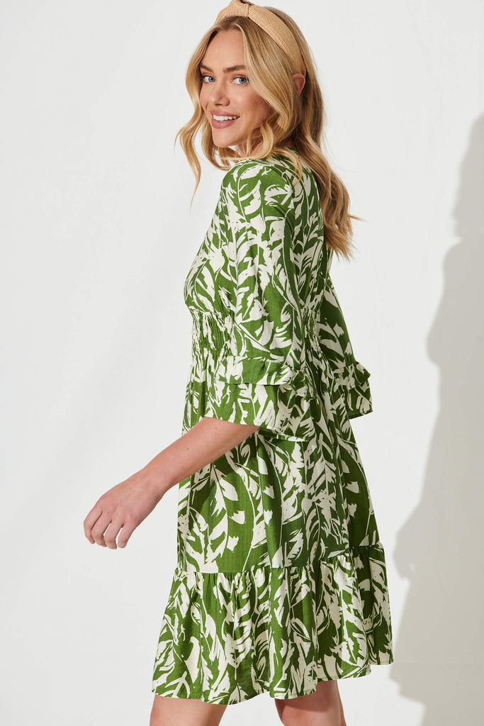 Monica Dress In Olive With Cream Leaf Cotton Blend - side