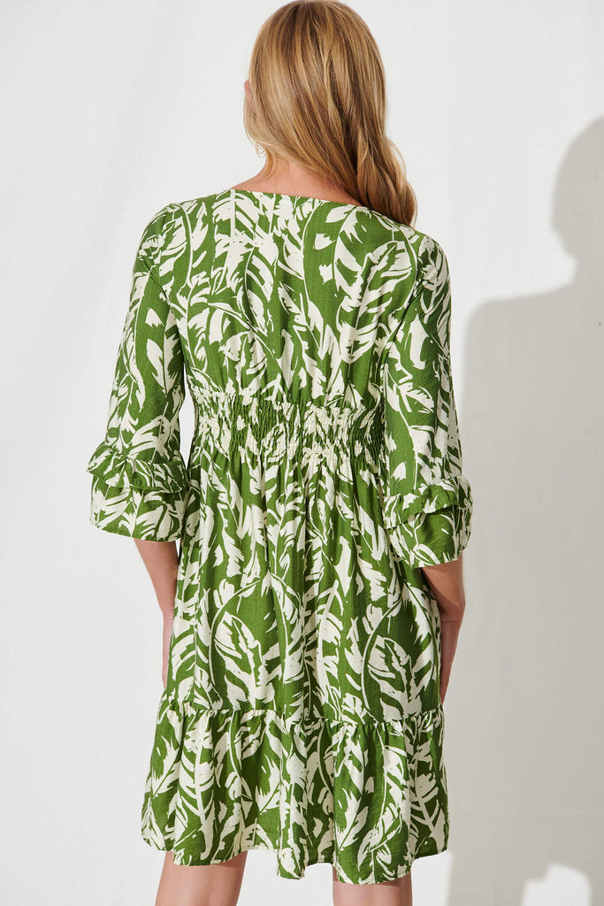 Monica Dress In Olive With Cream Leaf Cotton Blend - back