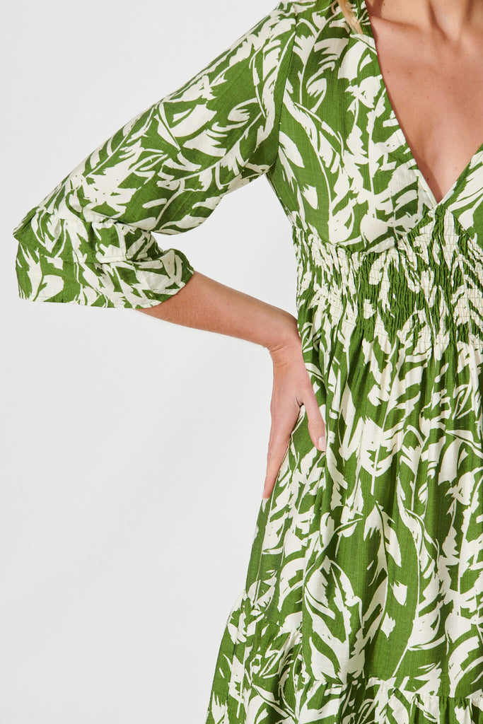 Monica Dress In Olive With Cream Leaf Cotton Blend - detail
