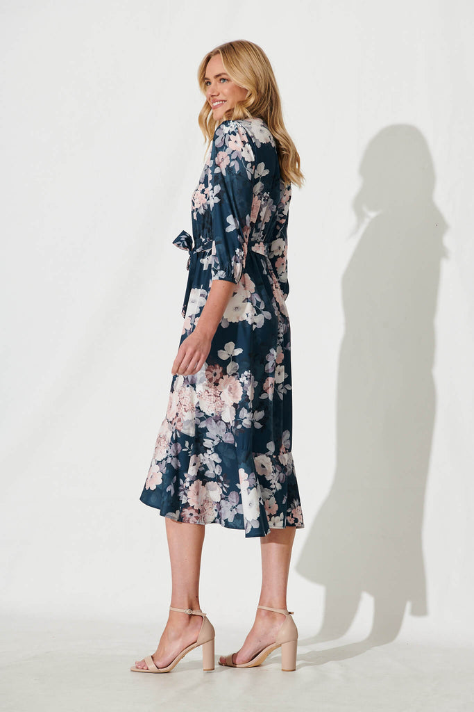 Jemimah Midi Dress In Teal With Blush Floral Print - side