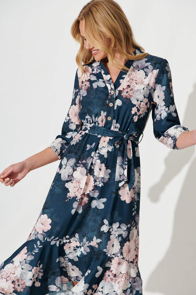 Jemimah Midi Dress In Teal With Blush Floral Print - front