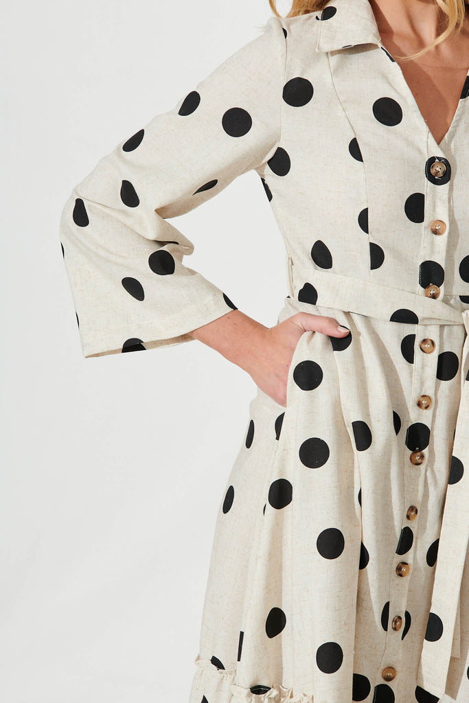 Zaria Midi Shirt Dress In Oatmeal Black Spot Linen Blend - detail