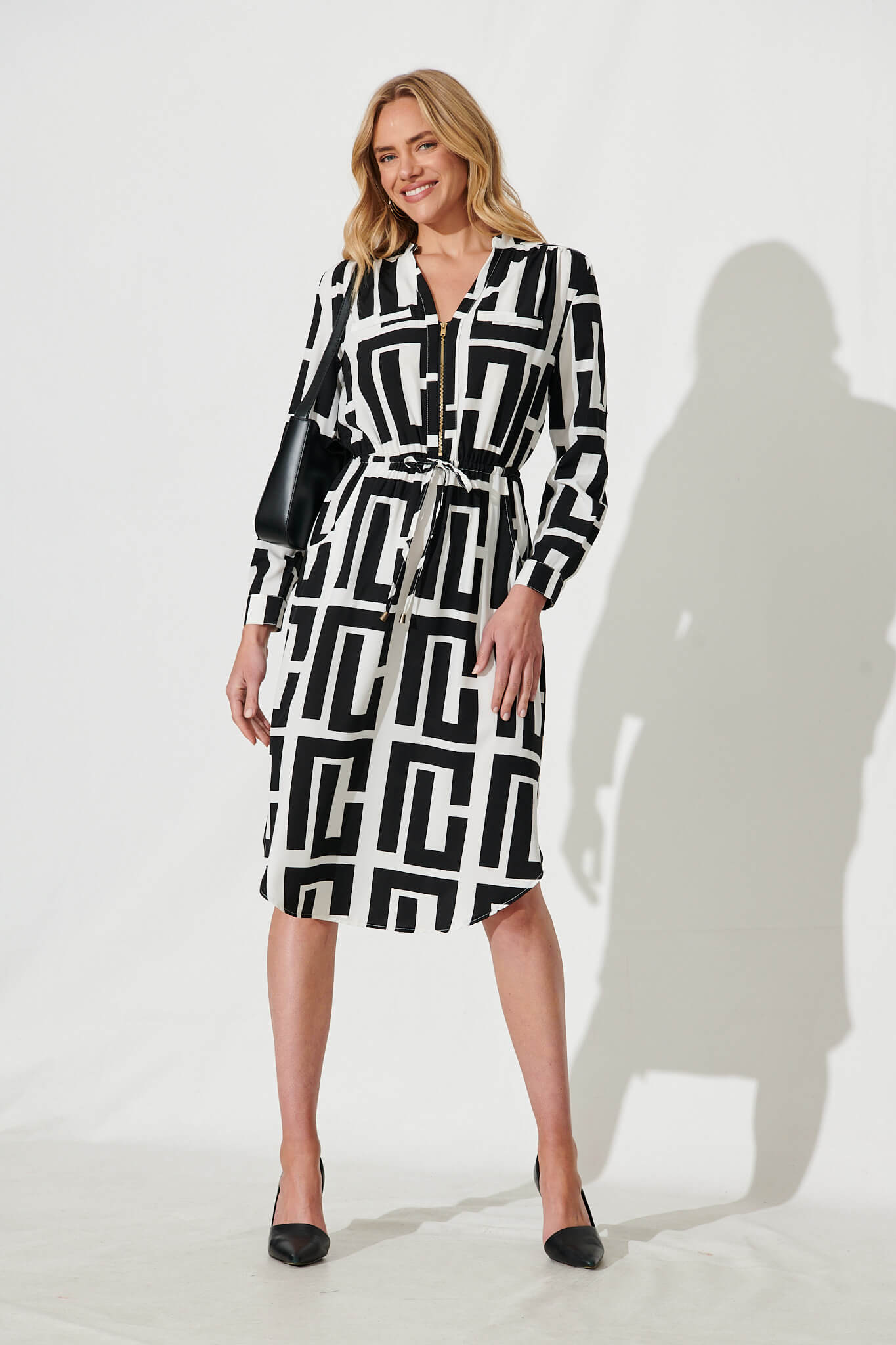 Rival Zip Dress In Black And White Geometric Print - full length