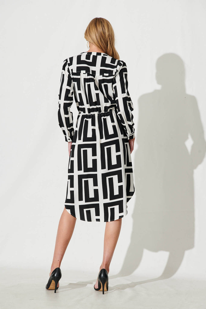 Rival Zip Dress In Black And White Geometric Print - back