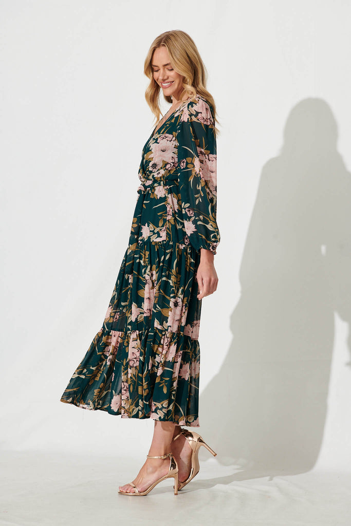 Alexis Maxi Dress In Emerald With Pink Floral Chiffon - side