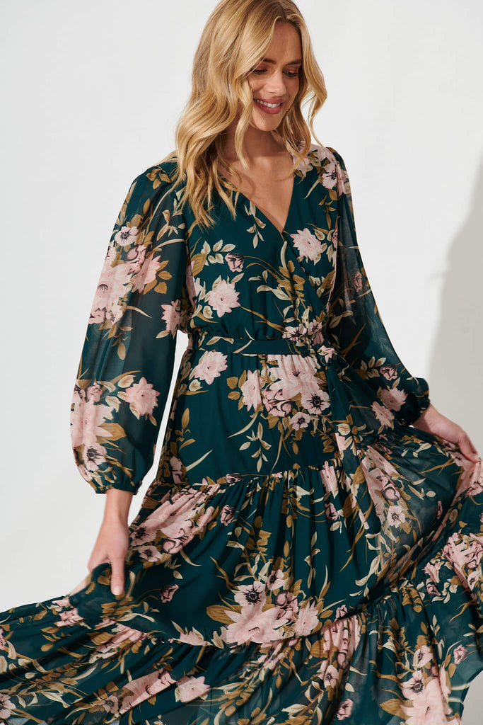 Alexis Maxi Dress In Emerald With Pink Floral Chiffon - front